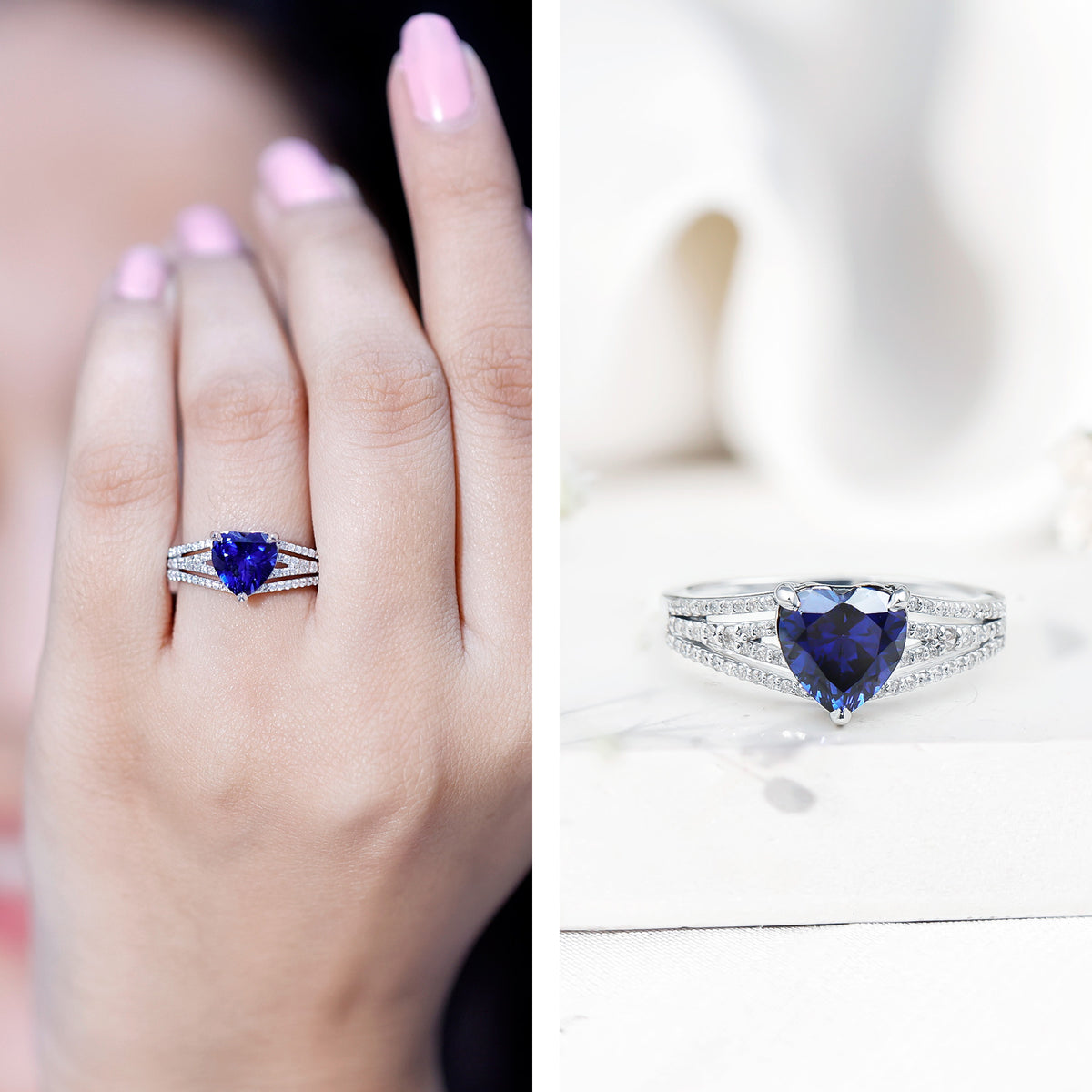 Certified 2 Carat Lab Grown Blue Sapphire Heart Engagement Ring with Diamond Split Shank AAAA - Rosec Jewels