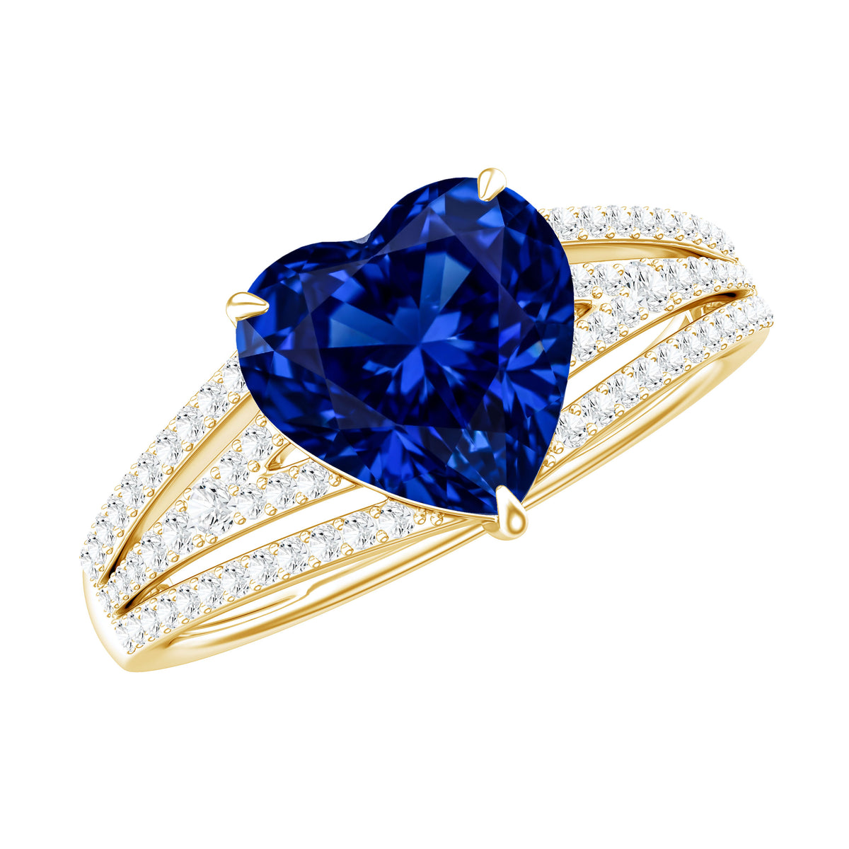 Certified 2 Carat Lab Grown Blue Sapphire Heart Engagement Ring with Diamond Split Shank AAAA - Rosec Jewels