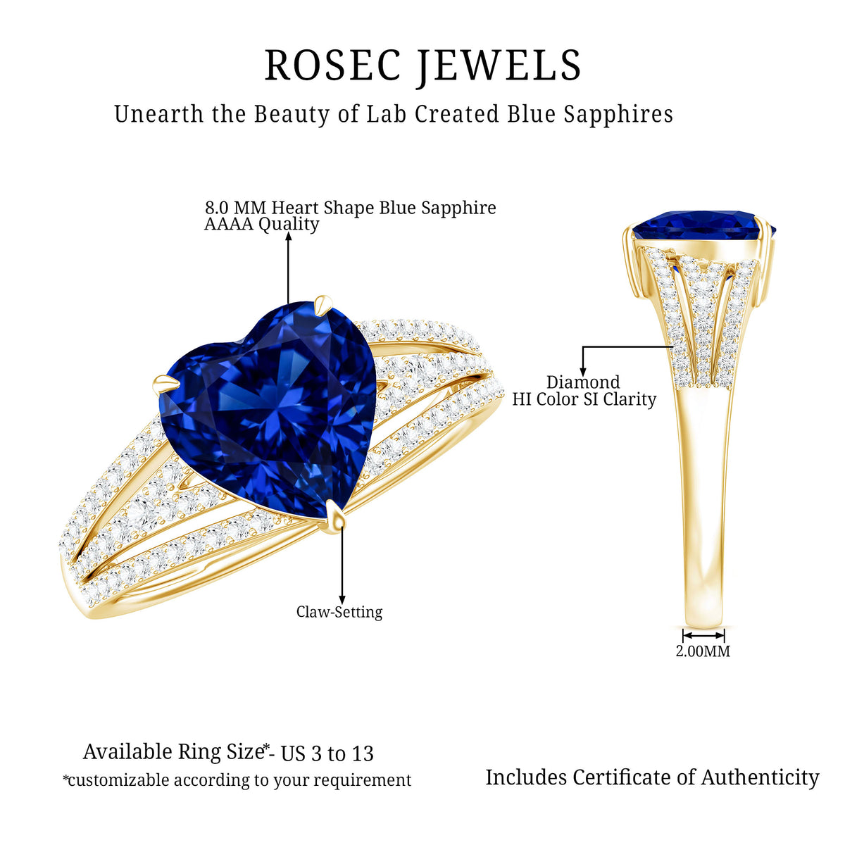 Certified 2 Carat Lab Grown Blue Sapphire Heart Engagement Ring with Diamond Split Shank AAAA - Rosec Jewels