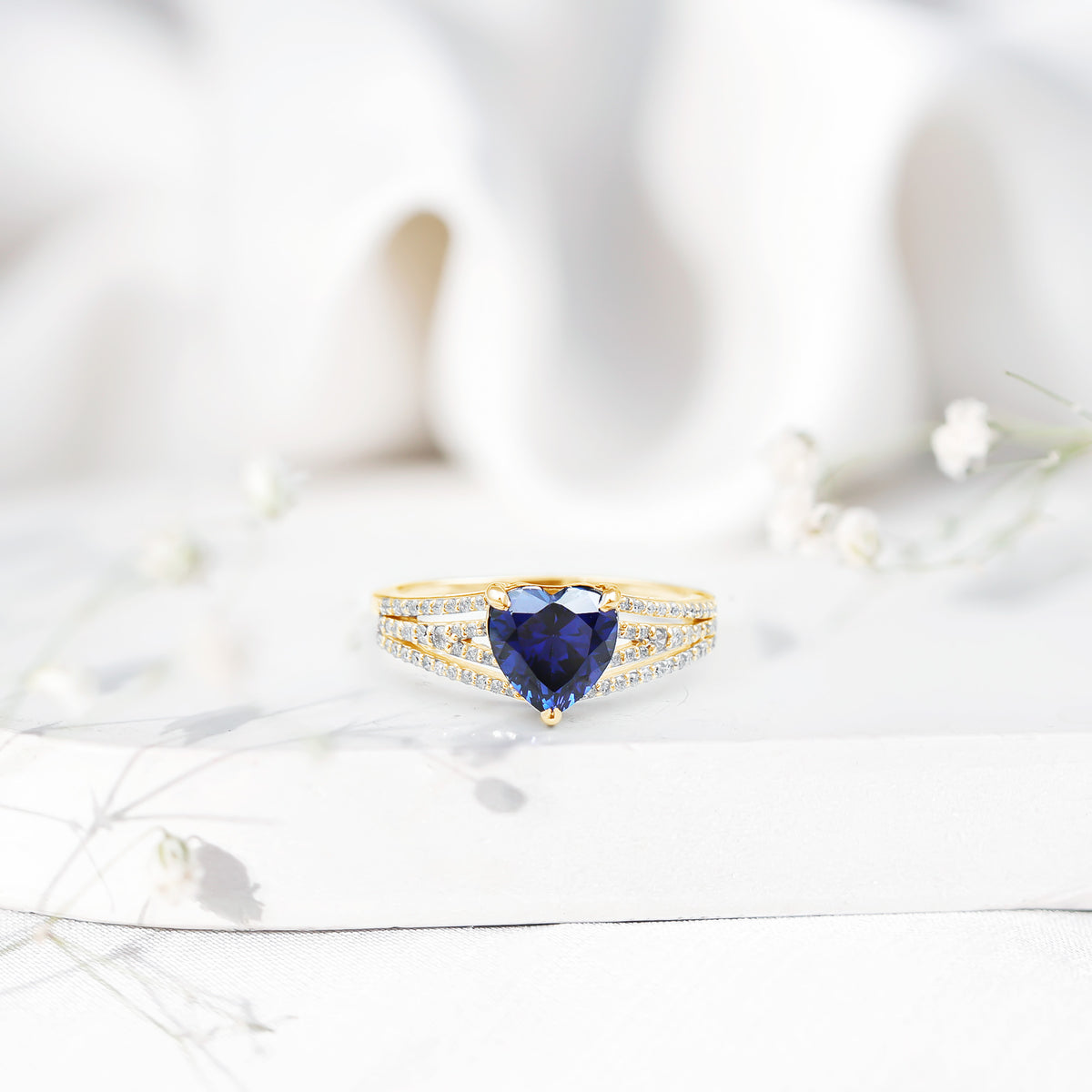 Certified 2 Carat Lab Grown Blue Sapphire Heart Engagement Ring with Diamond Split Shank AAAA - Rosec Jewels