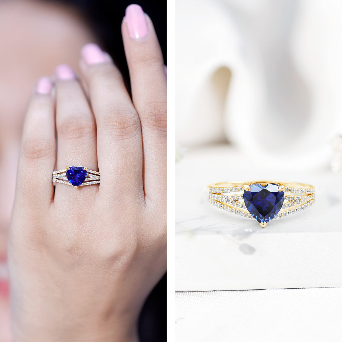 Certified 2 Carat Lab Grown Blue Sapphire Heart Engagement Ring with Diamond Split Shank AAAA - Rosec Jewels
