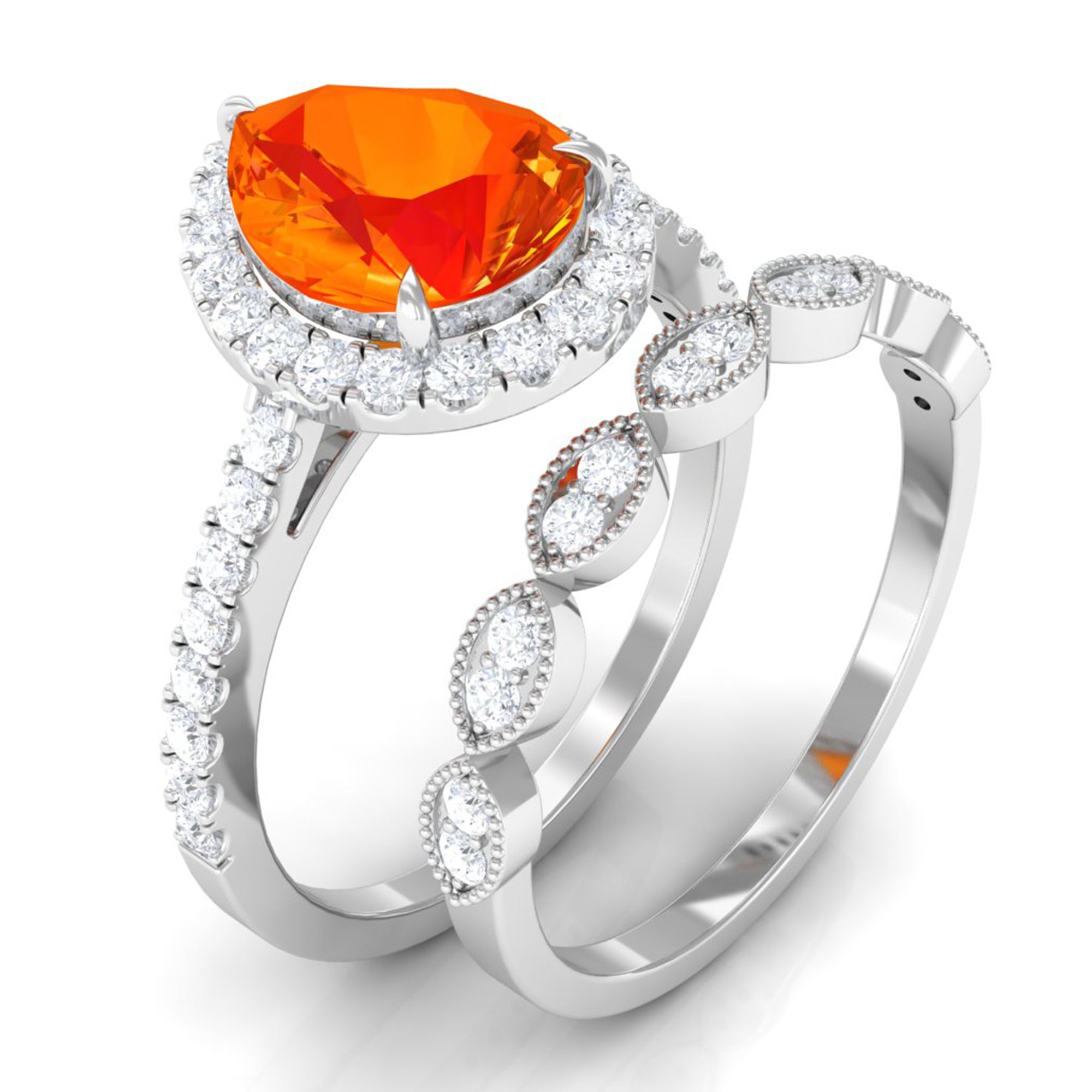 Lab Grown Orange Sapphire Teardrop Engagement Ring Set Lab Created Orange Sapphire - ( AAAA ) - Quality - Rosec Jewels