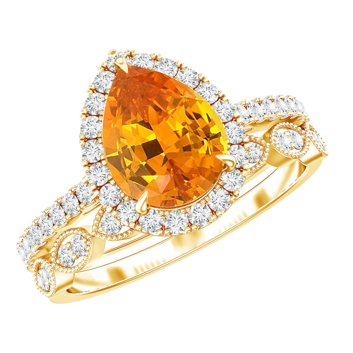 3.3 Carat Pear Shaped Lab Grown Orange Sapphire Wedding Ring Set with Diamond AAAA - Rosec Jewels
