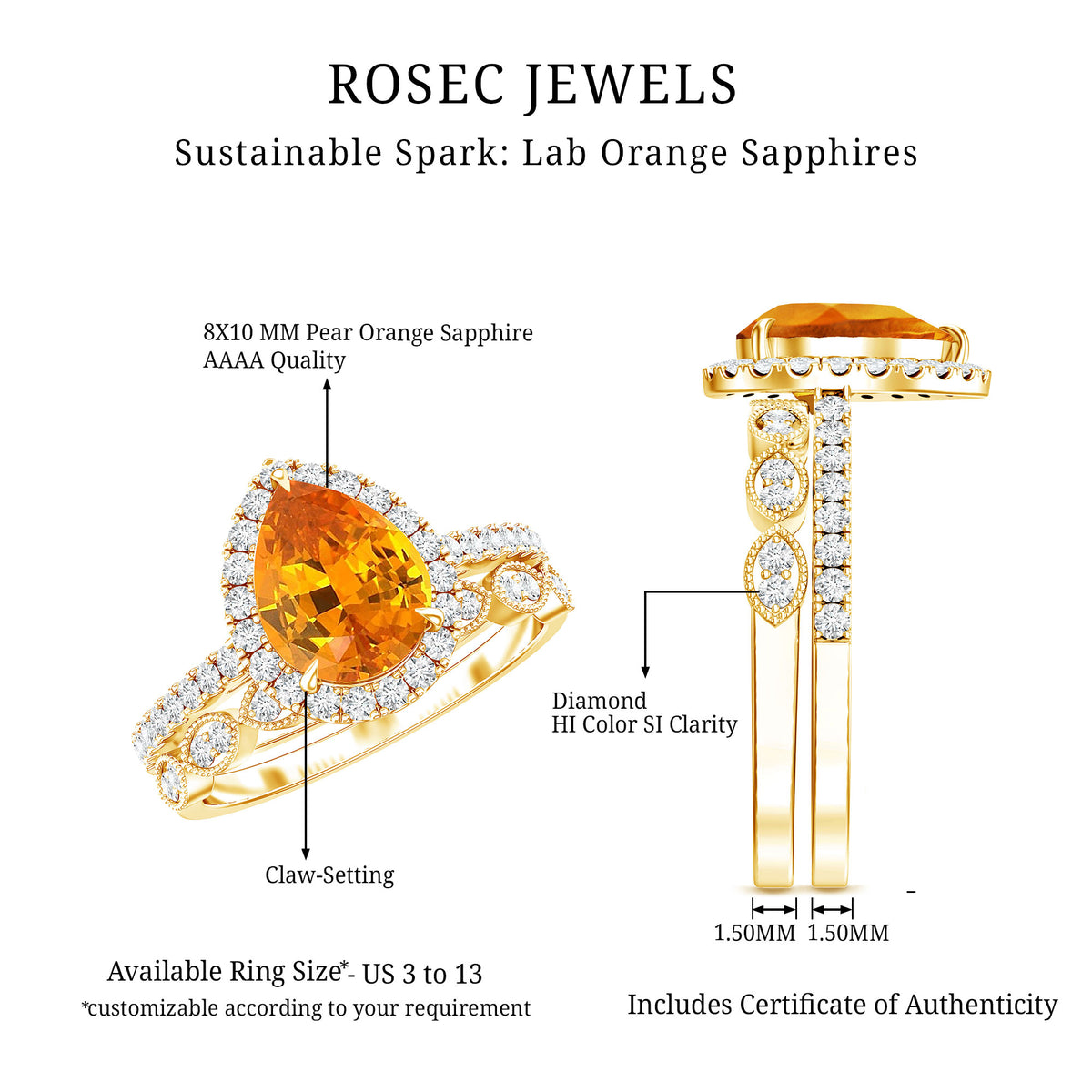 3.3 Carat Pear Shaped Lab Grown Orange Sapphire Wedding Ring Set with Diamond AAAA - Rosec Jewels