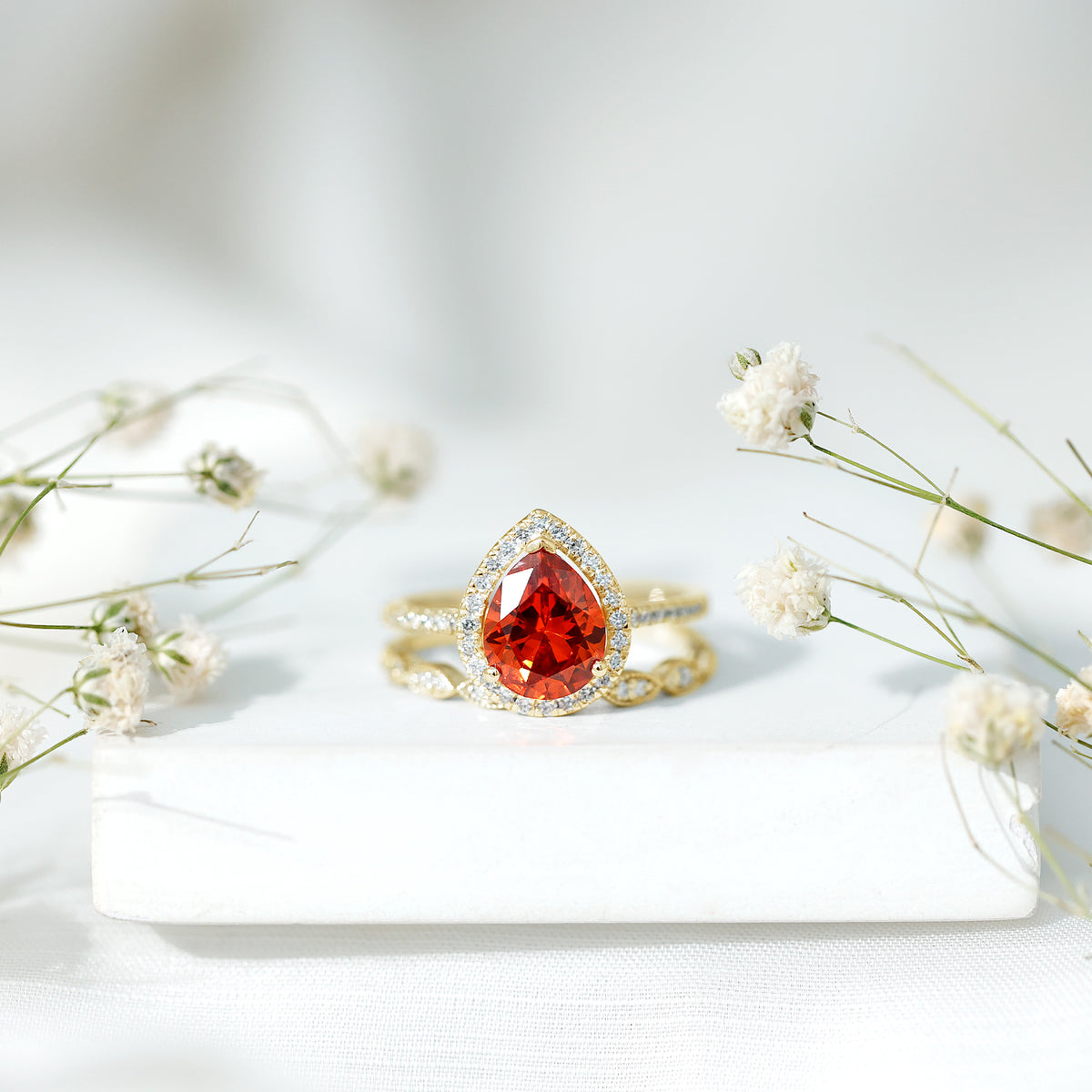 3.3 Carat Pear Shaped Lab Grown Orange Sapphire Wedding Ring Set with Diamond AAAA - Rosec Jewels