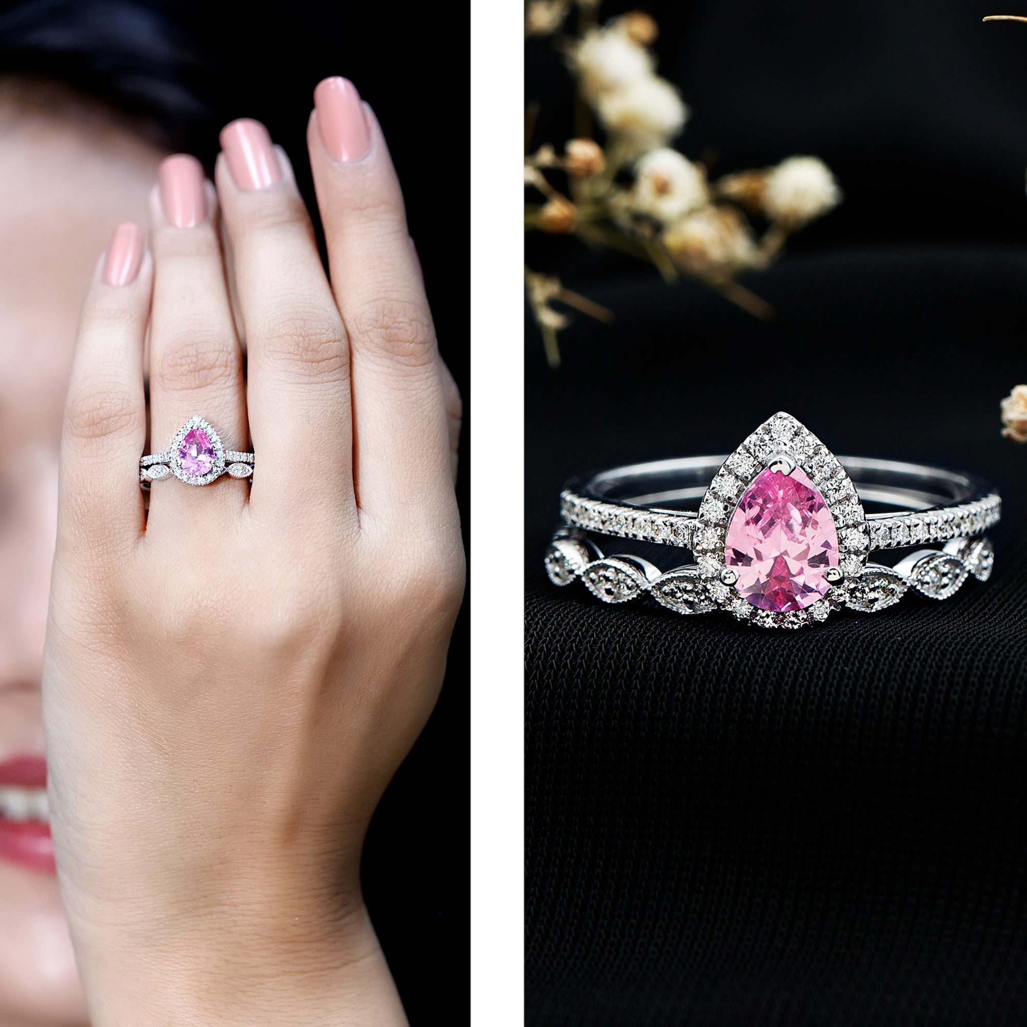 Lab Grown Pink Sapphire Pear Shaped Engagement Ring Set AAAA - Rosec Jewels