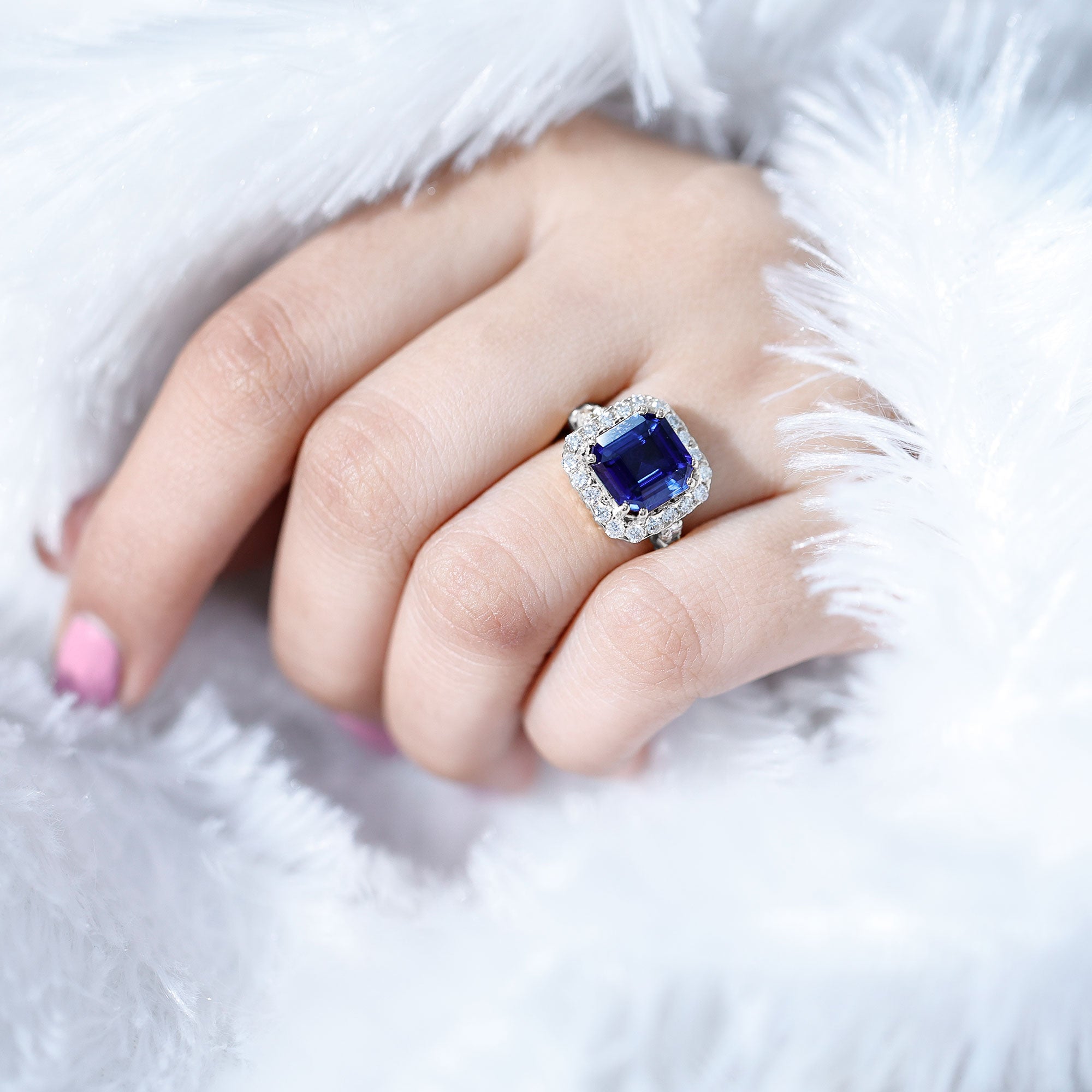 Certified 6.75 Carat Asscher Cut Lab Grown Blue Sapphire Engagement Ring with Diamond Halo AAAA - Rosec Jewels