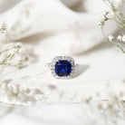 Certified 6.75 Carat Asscher Cut Lab Grown Blue Sapphire Engagement Ring with Diamond Halo AAAA - Rosec Jewels