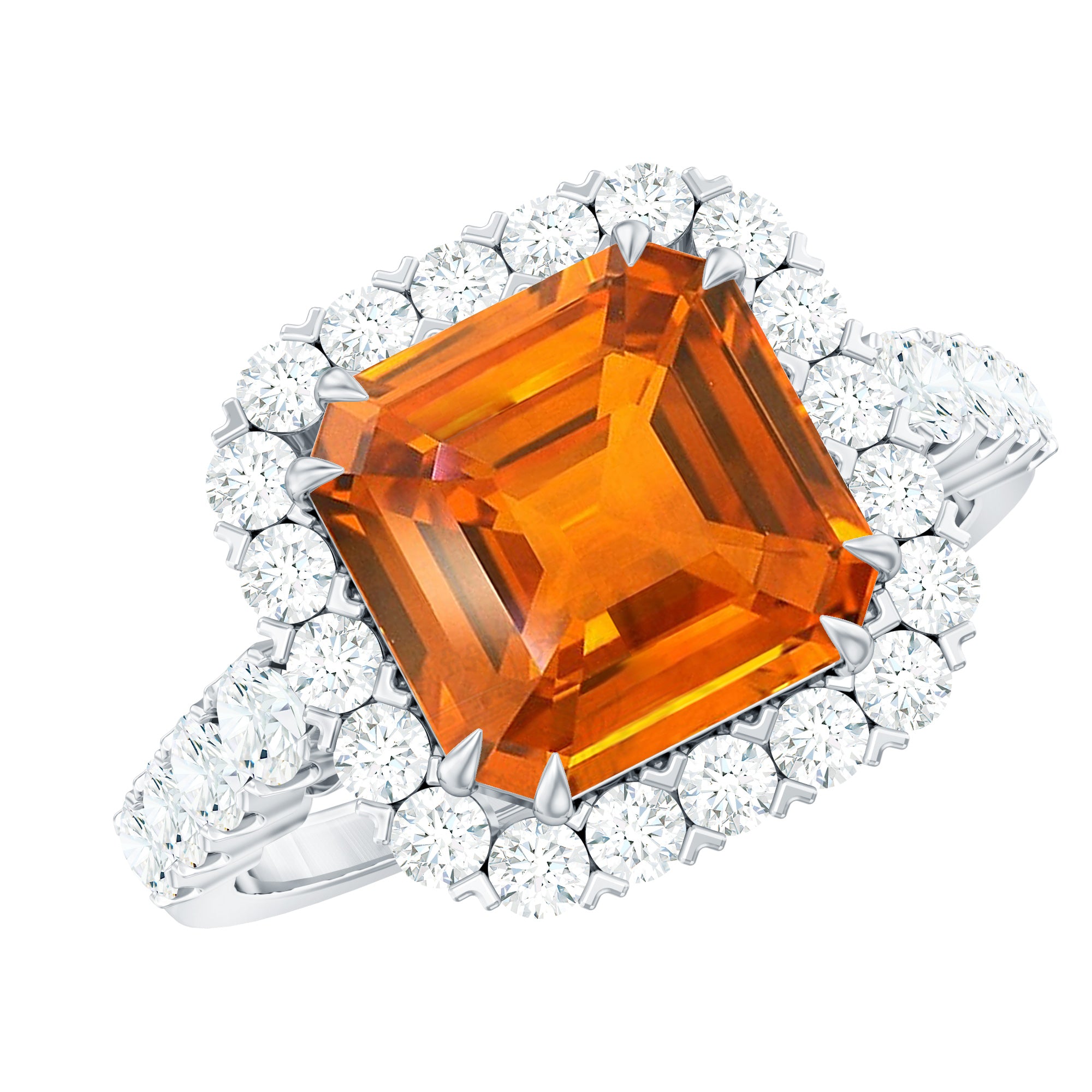 Rosec Jewels-Certified 9mm Lab Grown Orange Sapphire Asscher Cut Engagement Ring with Halo