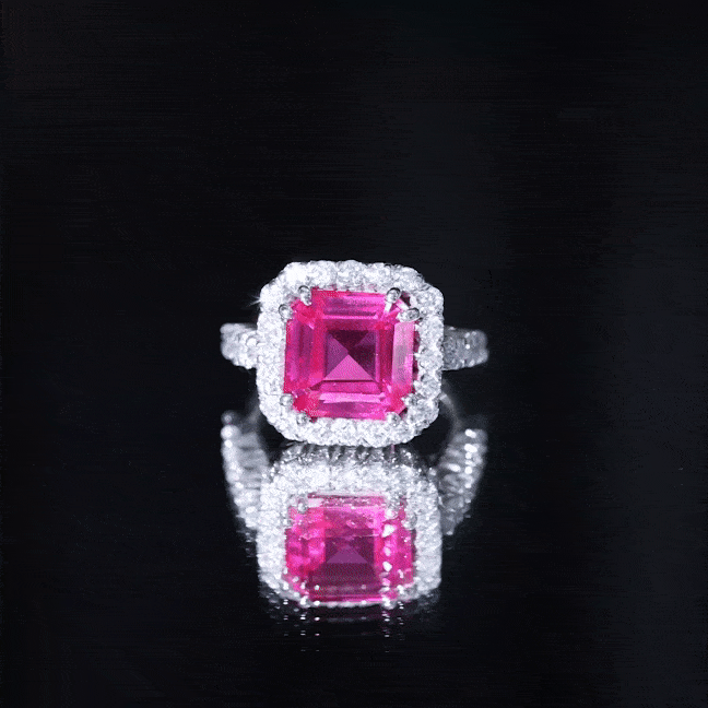 Certified 6.75 Carat Lab Grown Pink Sapphire Asscher Cut Engagement Ring with Halo AAAA 92.5 Sterling Silver - Rosec Jewels