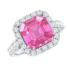 Certified 6.75 Carat Lab Grown Pink Sapphire Asscher Cut Engagement Ring with Halo AAAA 92.5 Sterling Silver - Rosec Jewels