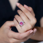 Certified 6.75 Carat Lab Grown Pink Sapphire Asscher Cut Engagement Ring with Halo AAAA 92.5 Sterling Silver - Rosec Jewels