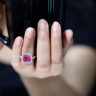 Certified 6.75 Carat Lab Grown Pink Sapphire Asscher Cut Engagement Ring with Halo AAAA 92.5 Sterling Silver - Rosec Jewels