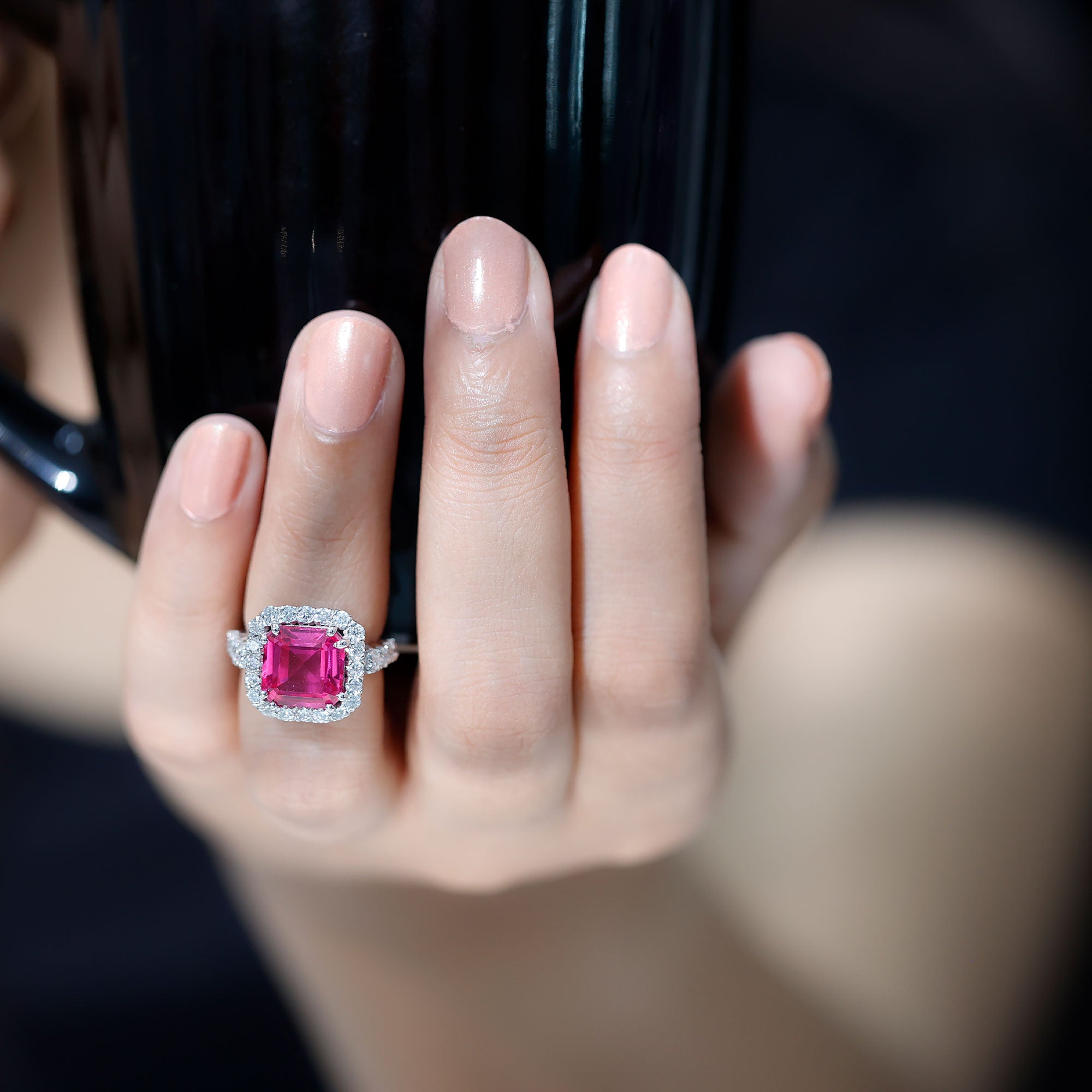 Certified 6.75 Carat Lab Grown Pink Sapphire Asscher Cut Engagement Ring with Halo AAAA 92.5 Sterling Silver - Rosec Jewels