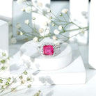 Certified 6.75 Carat Lab Grown Pink Sapphire Asscher Cut Engagement Ring with Halo AAAA 92.5 Sterling Silver - Rosec Jewels