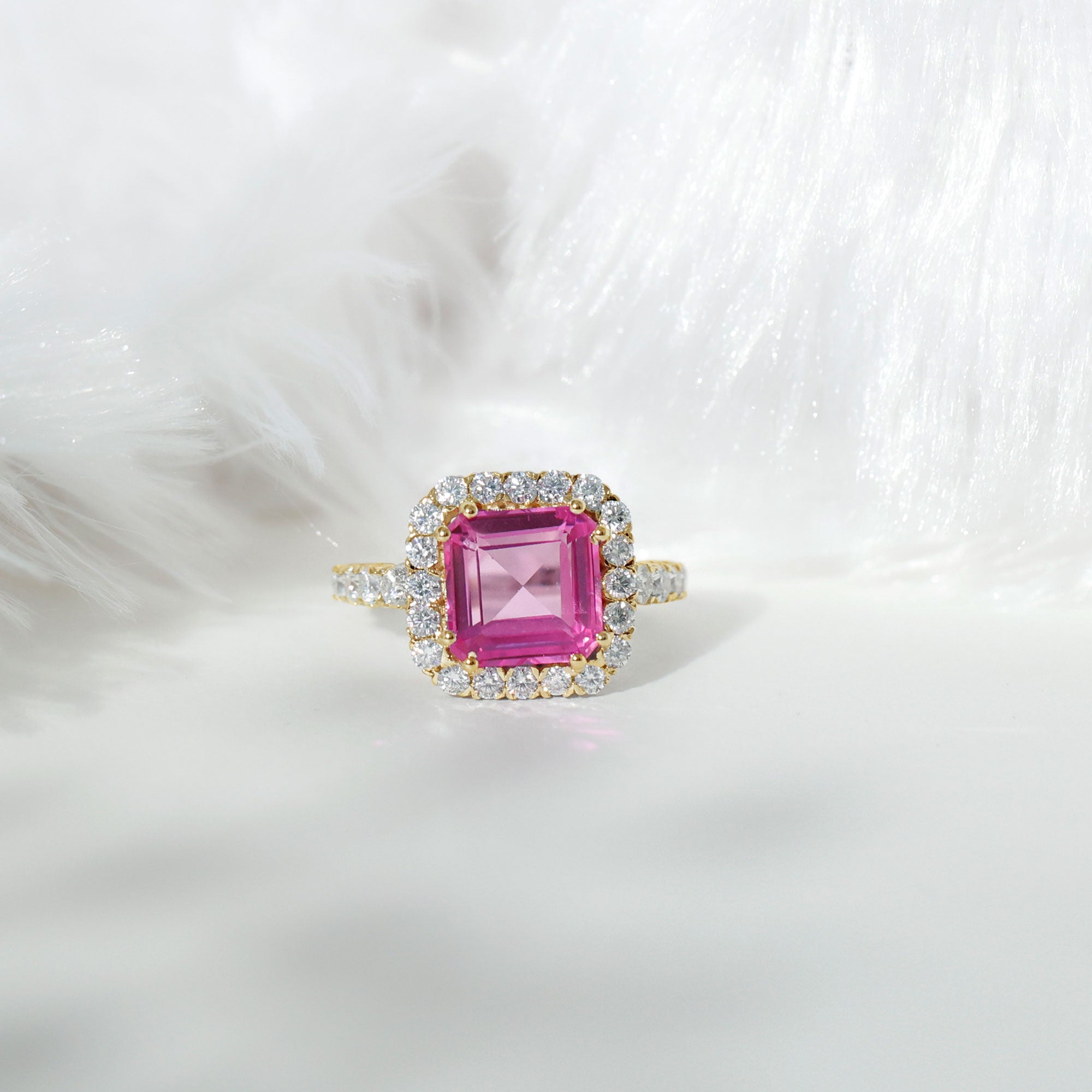 Created Pink Sapphire and Moissanite Halo Engagement Ring Lab Created Pink Sapphire - ( AAAA ) - Quality - Rosec Jewels