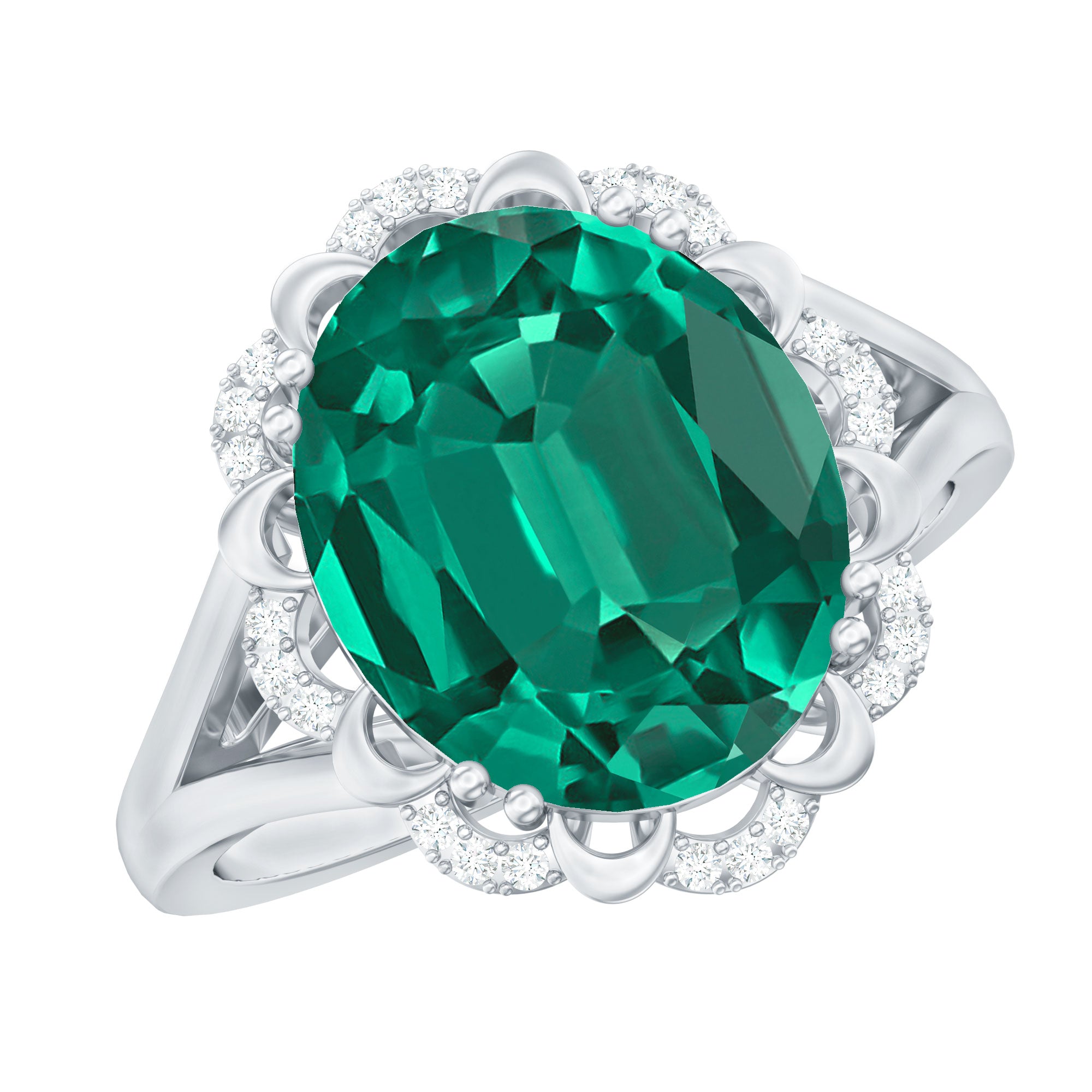 Vintage Looking 10X12mm Lab Created Emerald Engagement Ring with Diamond