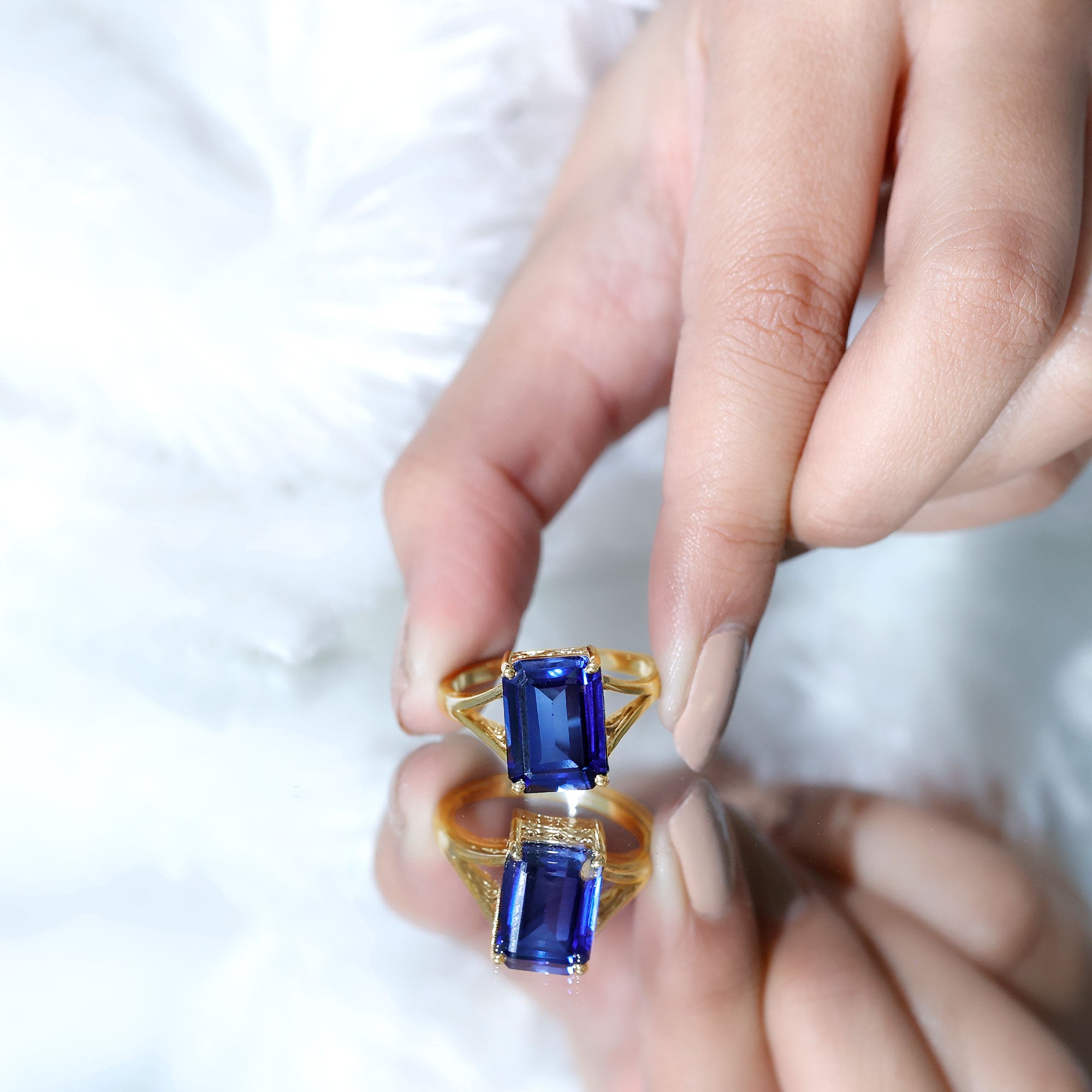 Emerald Cut 9 Carat Lab Created Blue Sapphire Engagement Ring for Women AAAA 14K Yellow Gold Plated Silver - Rosec Jewels