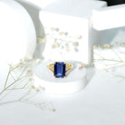 Emerald Cut 9 Carat Lab Created Blue Sapphire Engagement Ring for Women AAAA 14K Yellow Gold Plated Silver - Rosec Jewels