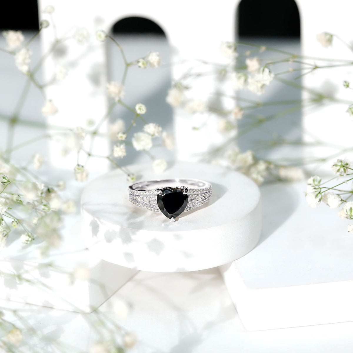 Certified 2.4 Carat Lab Grown Black Diamond Heart Engagement Ring with White Diamond Split Shank AAAA ( Synthetic ) - Rosec Jewels