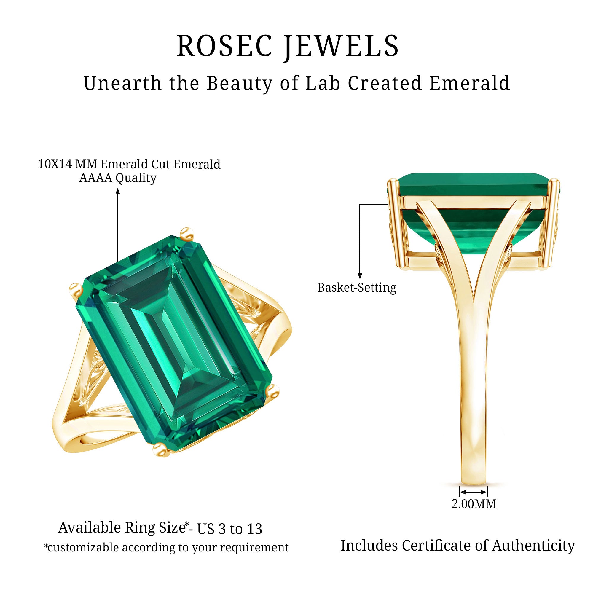8 Carat Lab Grown Emerald Engagement Ring in Yellow Gold Plated Silver AAAA 14K Yellow Gold Plated Silver - Rosec Jewels