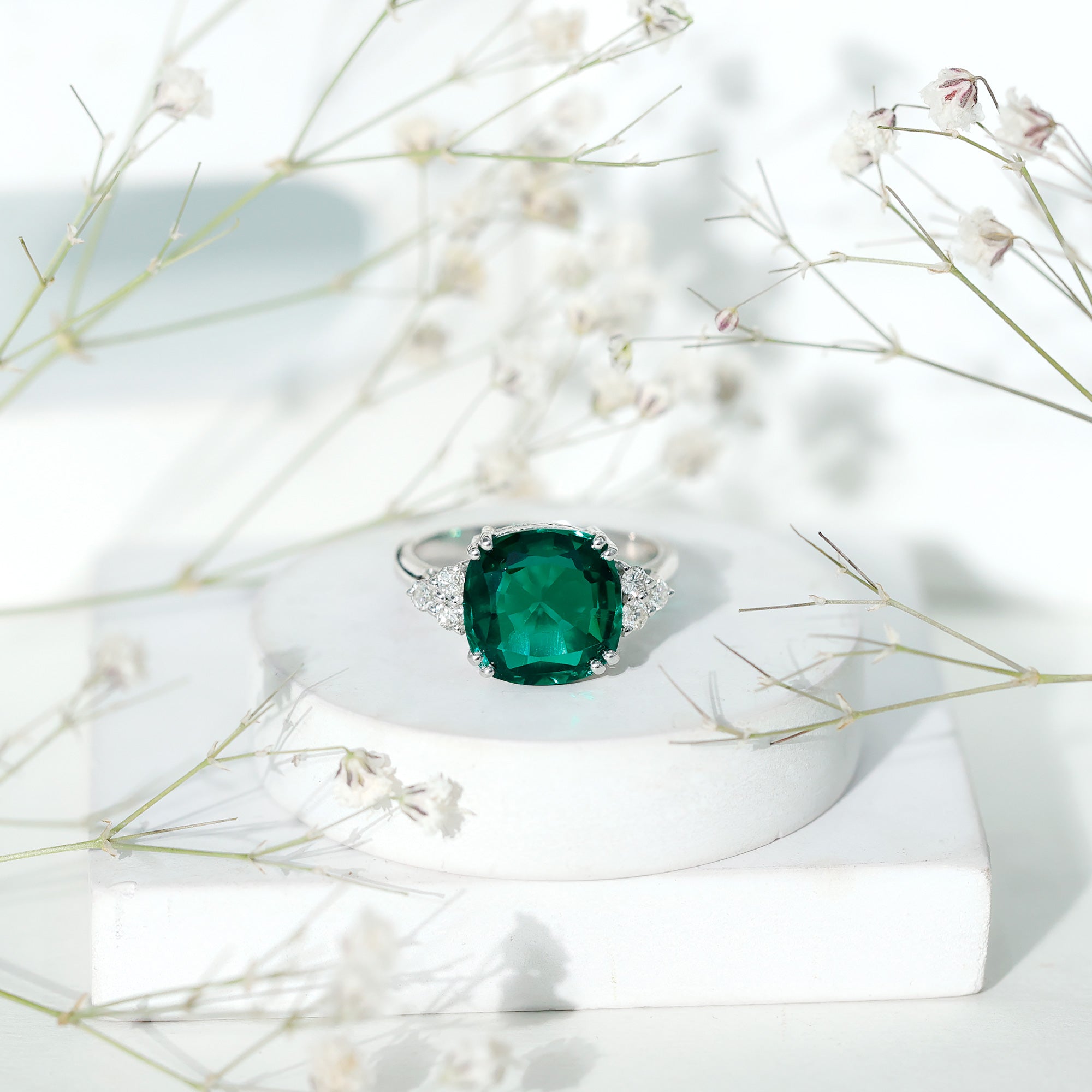 Lab Grown Emerald 9 Carat Cushion Cut Engagement Ring with Diamond