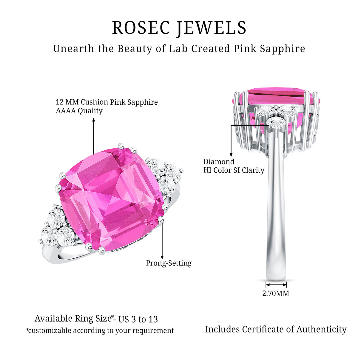 Lab Grown Pink Sapphire Solitaire Engagement Ring with Diamond Trio AAAA - Rosec Jewels