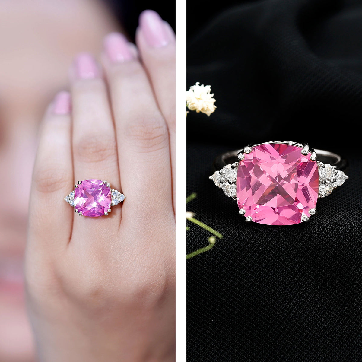 Lab Grown Pink Sapphire Solitaire Engagement Ring with Diamond Trio AAAA - Rosec Jewels