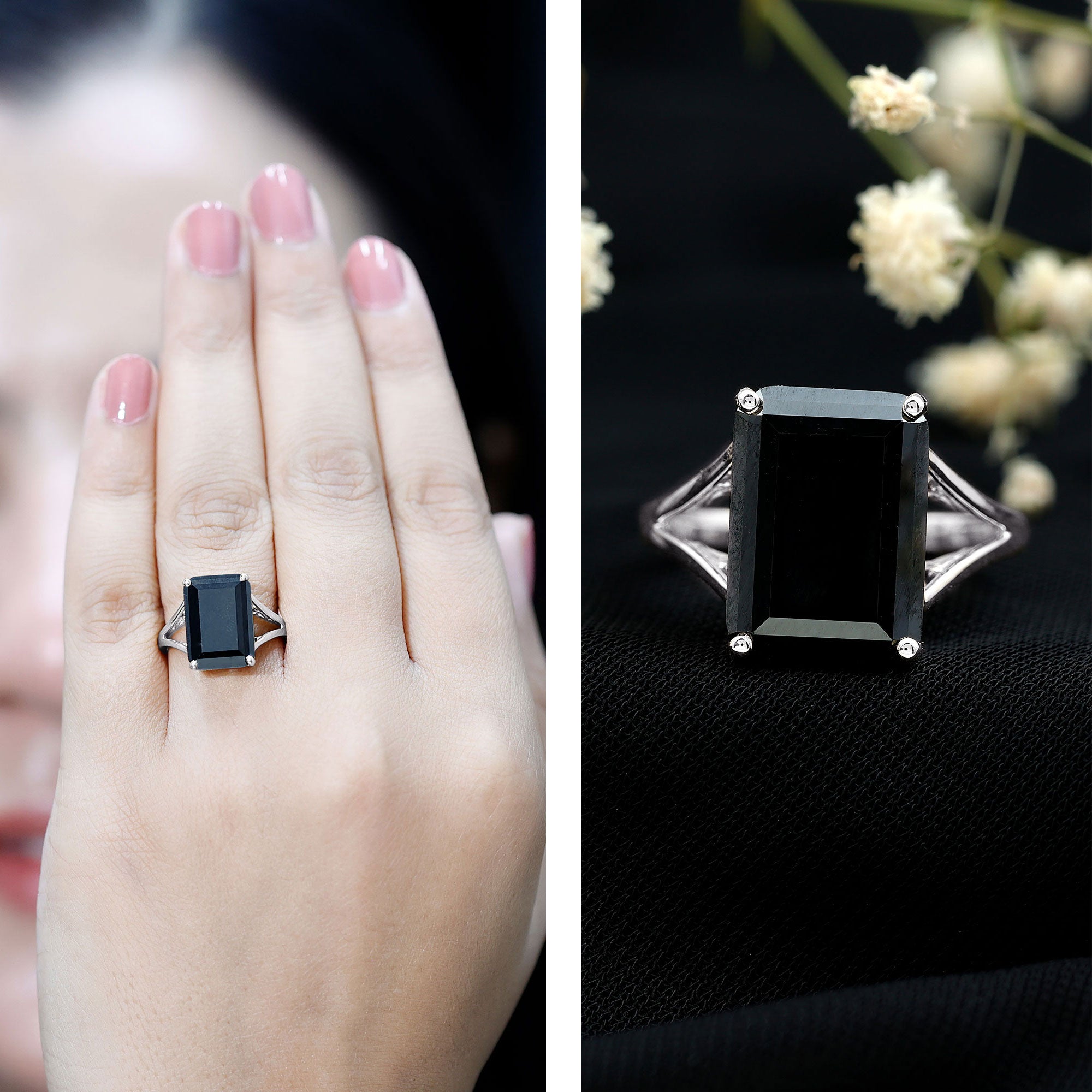 9 Carat Solitaire Lab Grown Black Diamond Emerald Cut Engagement Ring AAAA ( Synthetic ) - Rosec Jewels