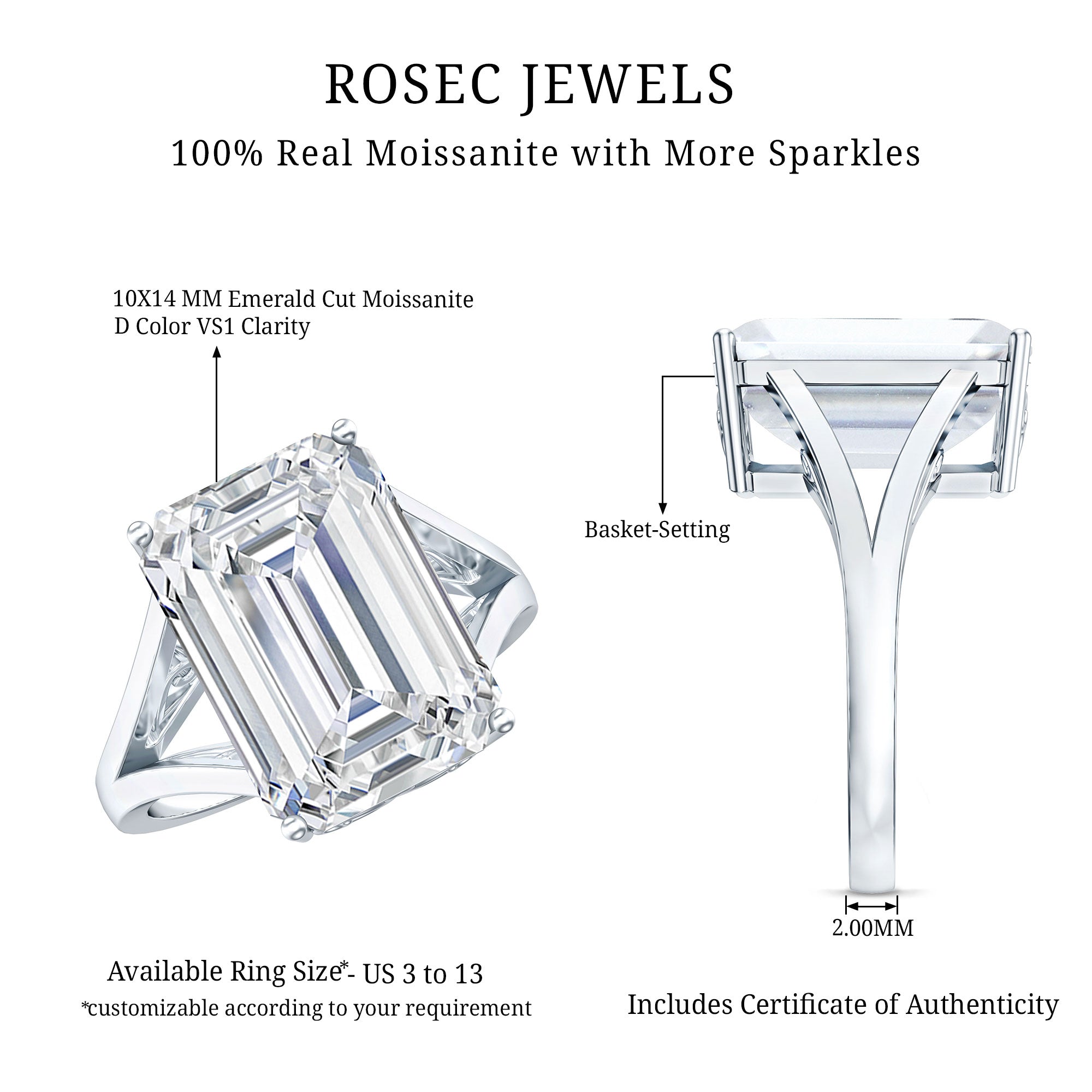 Rosec Jewels-Certified 10X14 MM Emerald Cut Moissanite Engagement Ring for Women