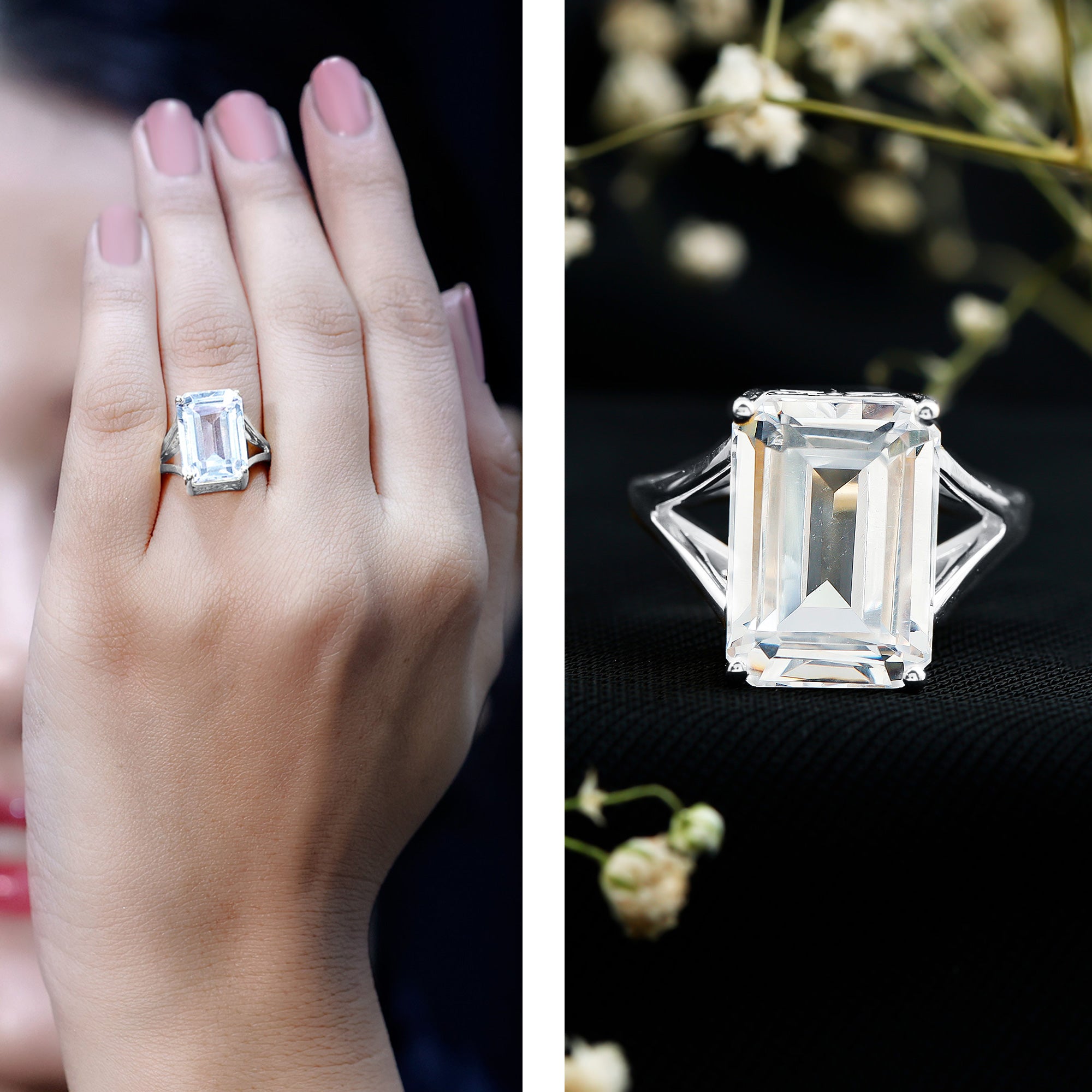 Rosec Jewels-Certified 10X14 MM Emerald Cut Moissanite Engagement Ring for Women