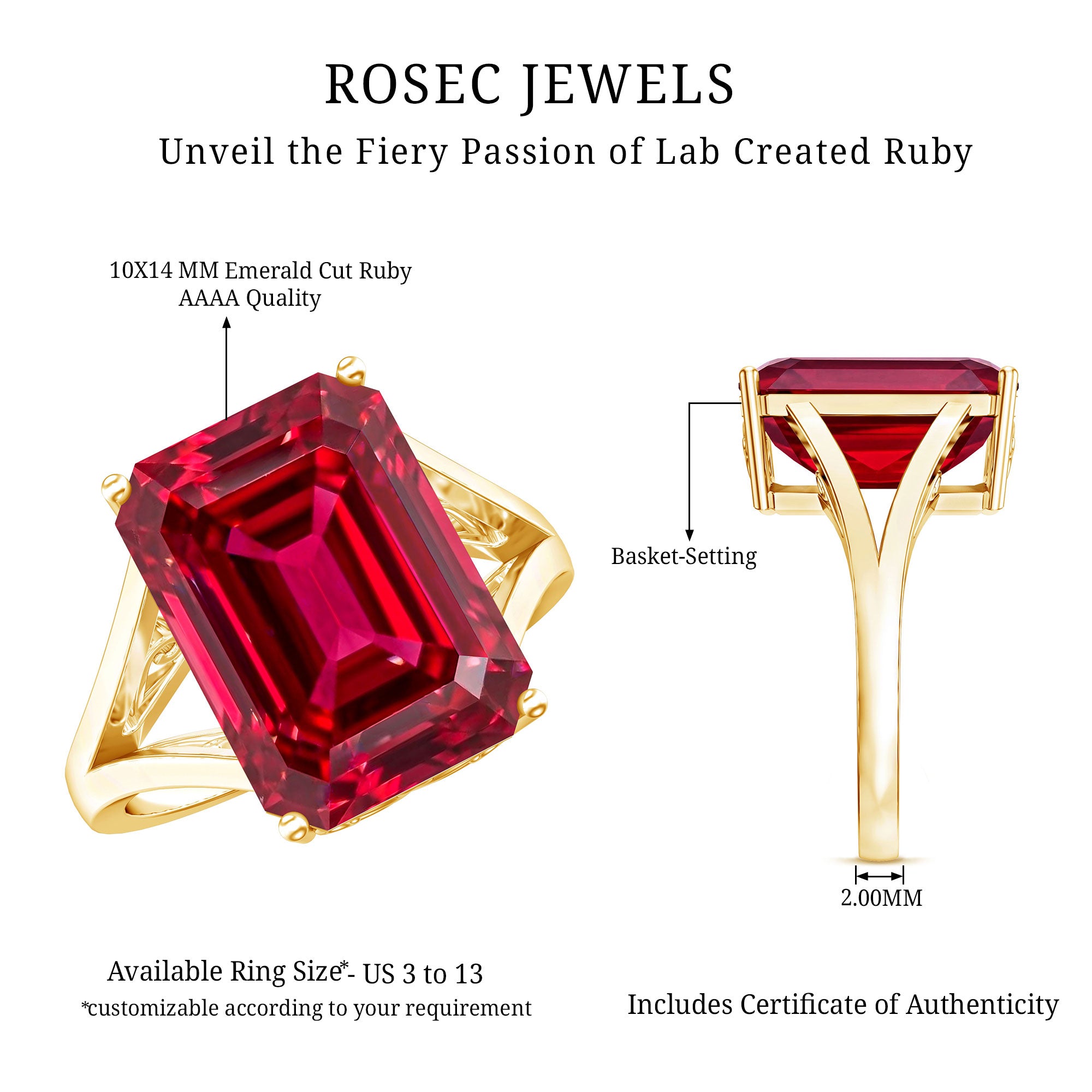 Certified 5 Carat Emerald Cut Lab Grown Ruby Engagement Ring with Split Shank AAAA 14K Yellow Gold Plated Silver - Rosec Jewels