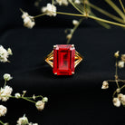 Certified 5 Carat Emerald Cut Lab Grown Ruby Engagement Ring with Split Shank AAAA 14K Yellow Gold Plated Silver - Rosec Jewels