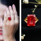 Certified 5 Carat Emerald Cut Lab Grown Ruby Engagement Ring with Split Shank AAAA 14K Yellow Gold Plated Silver - Rosec Jewels