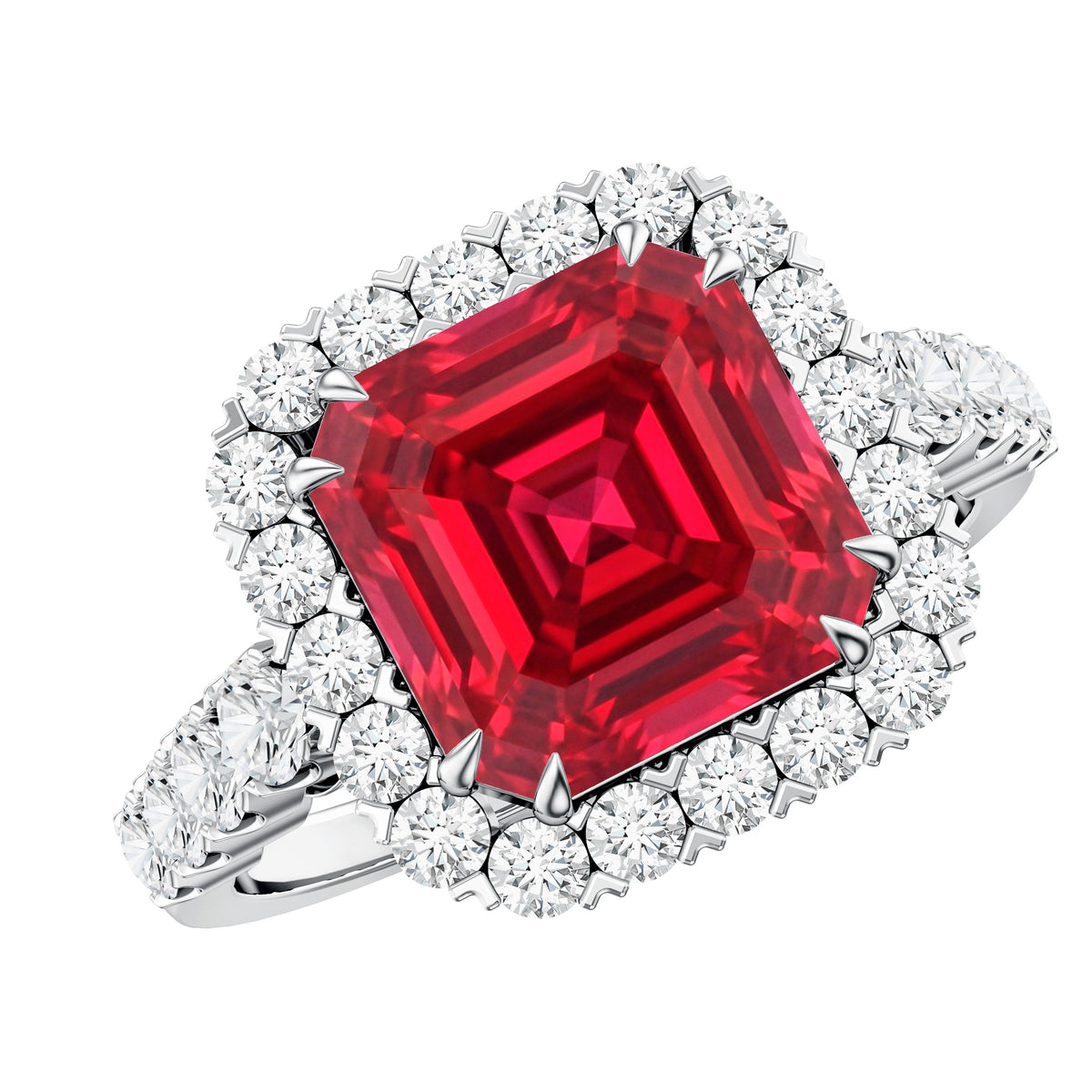Rosec Jewels-2.5 Carat Asscher Cut Lab Created Ruby Halo Engagement Ring with Moissanite