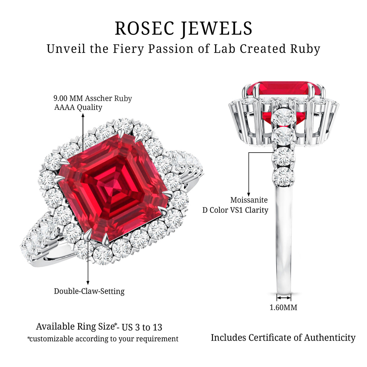 Rosec Jewels-2.5 Carat Asscher Cut Lab Created Ruby Halo Engagement Ring with Moissanite