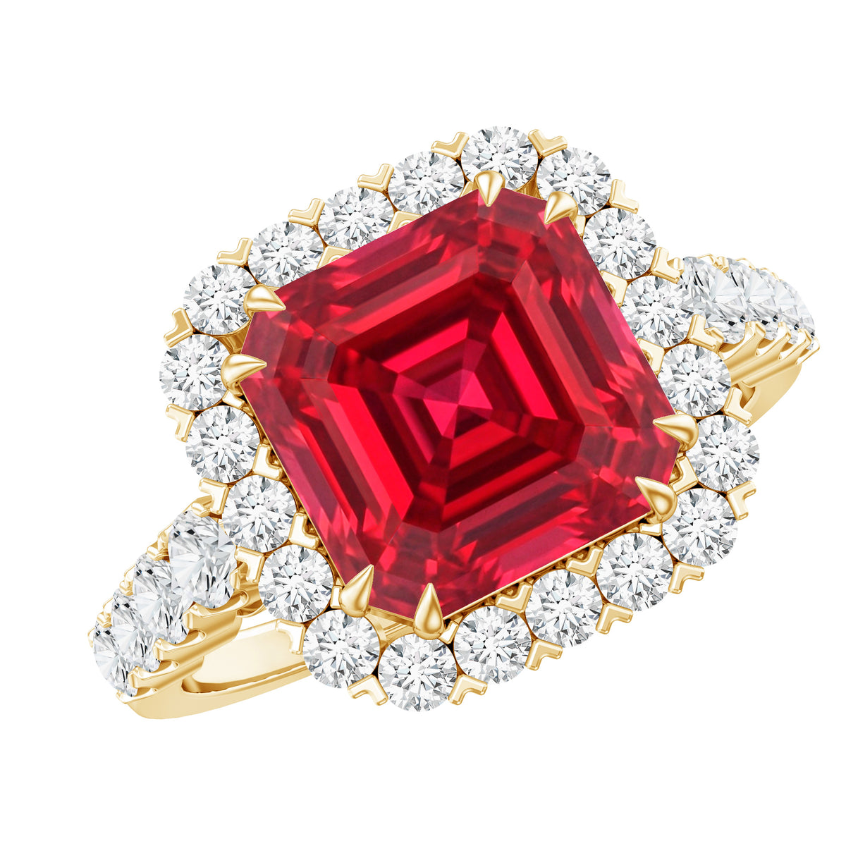 Rosec Jewels-2.5 Carat Asscher Cut Lab Created Ruby Halo Engagement Ring with Moissanite