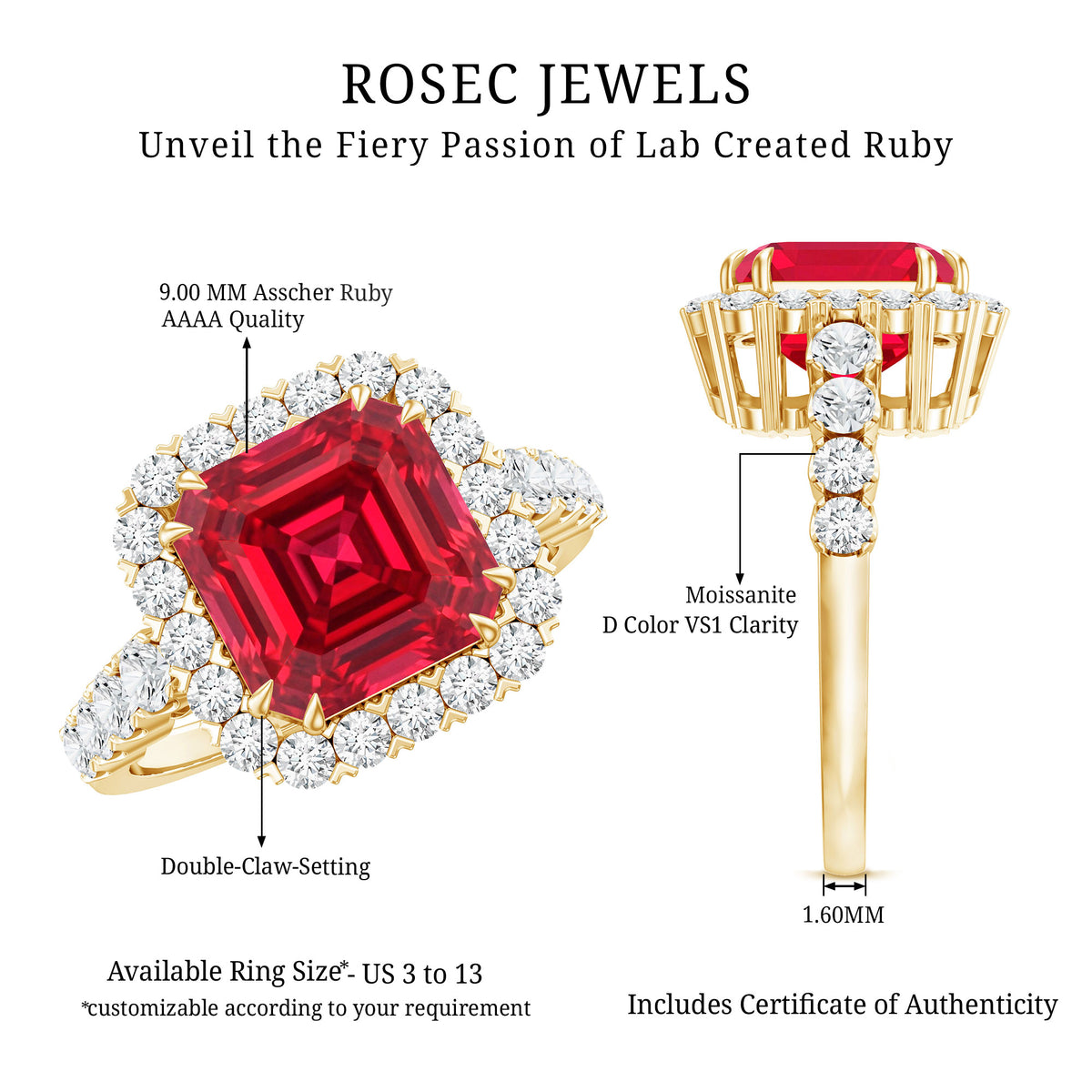 Rosec Jewels-2.5 Carat Asscher Cut Lab Created Ruby Halo Engagement Ring with Moissanite