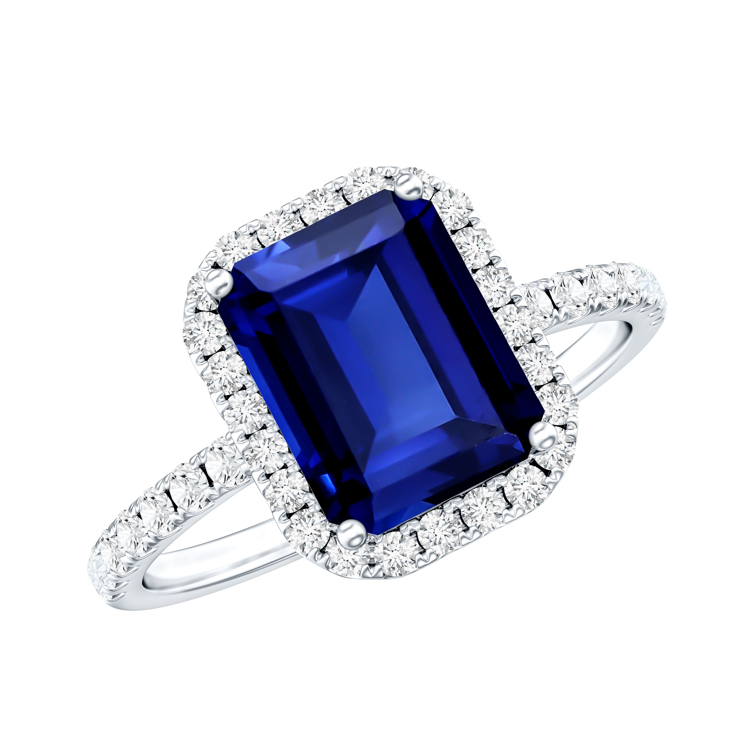 Certified 2.75 Carat Emerald Cut Lab Grown Blue Sapphire Engagement Ring with Diamond Halo AAAA - Rosec Jewels