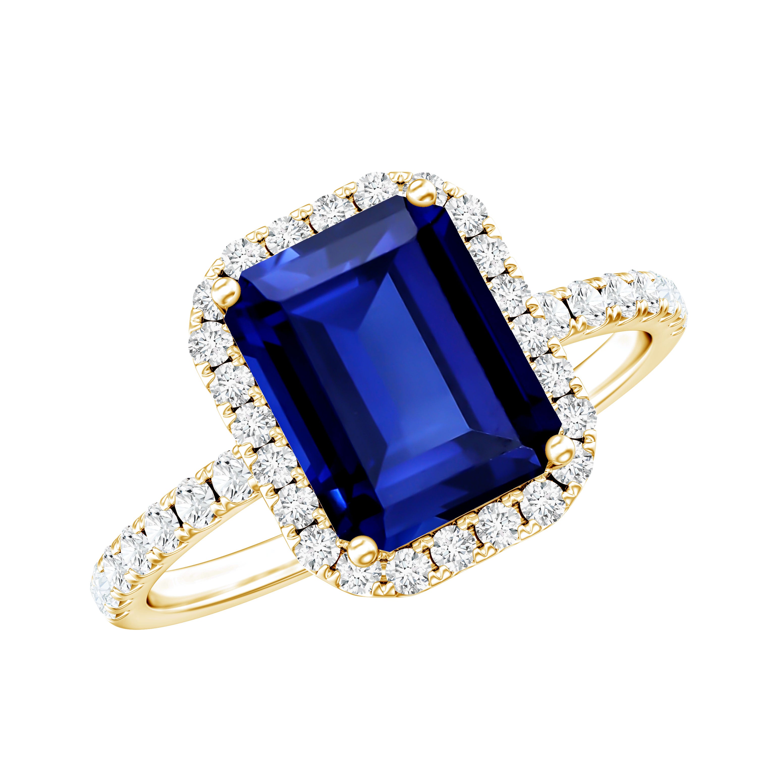 Certified 2.75 Carat Emerald Cut Lab Grown Blue Sapphire Engagement Ring with Diamond Halo AAAA - Rosec Jewels