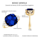 Certified 9 Carat Lab Grown Blue Sapphire Cushion Cut Engagement Ring with Diamond Trio AAAA - Rosec Jewels