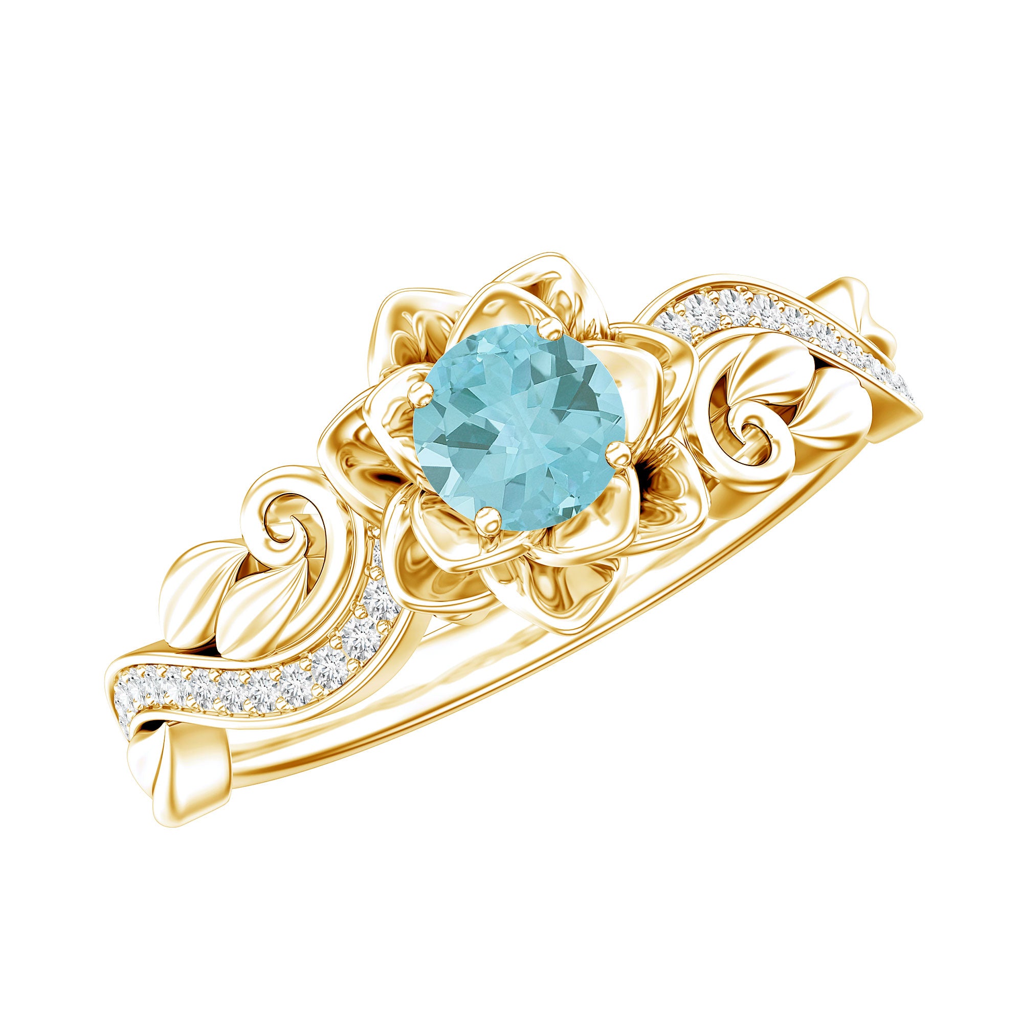 Natural Sky Blue Topaz Diamond Flower Engagement Ring AAA 14K Yellow Gold Plated Silver - Rosec Jewels