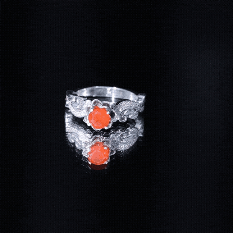 Certified Fire Opal and Diamond Rose Flower Engagement Ring AAA 14K Yellow Gold Plated Silver - Rosec Jewels