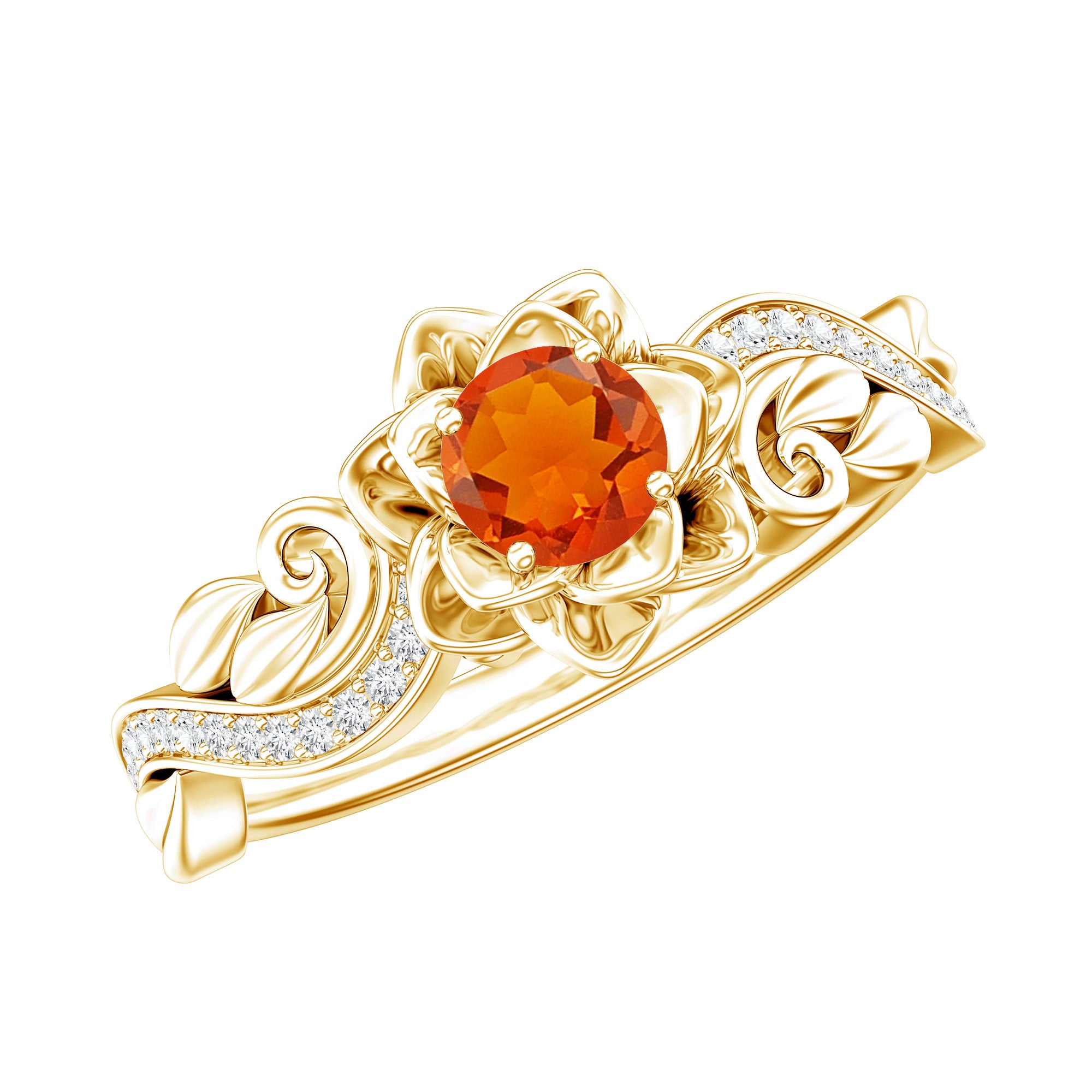 Certified Fire Opal and Diamond Rose Flower Engagement Ring AAA 14K Yellow Gold Plated Silver - Rosec Jewels