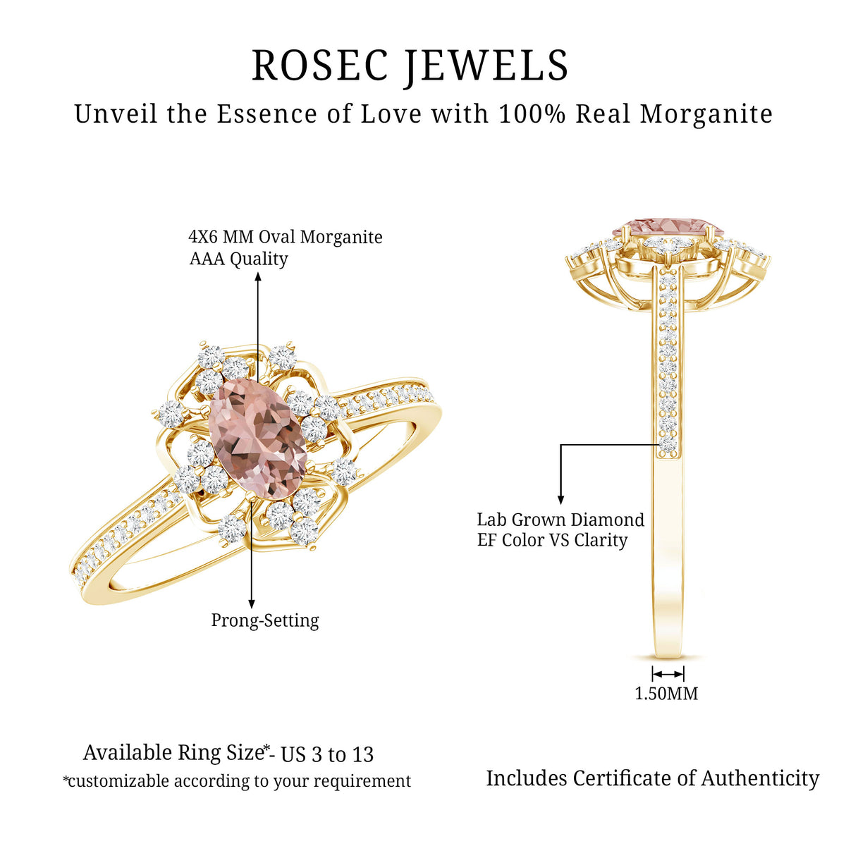 Vintage Inspired Morganite Engagement Ring with Diamonds AAA 14K Yellow Gold Plated Silver - Rosec Jewels