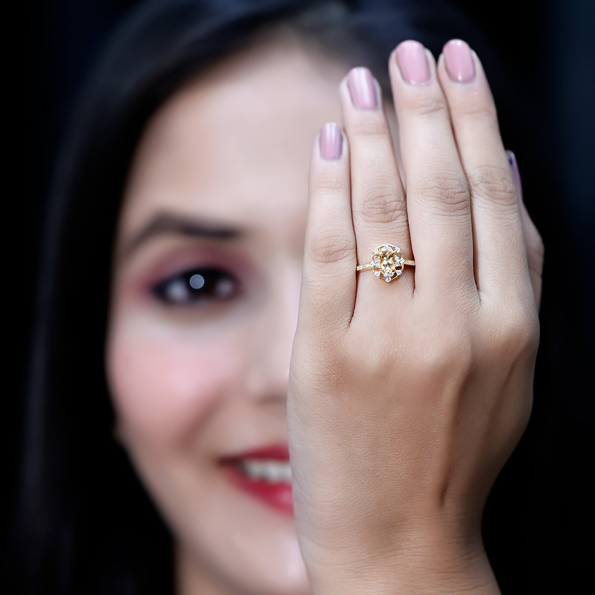 Vintage Inspired Morganite Engagement Ring with Diamonds AAA 14K Yellow Gold Plated Silver - Rosec Jewels