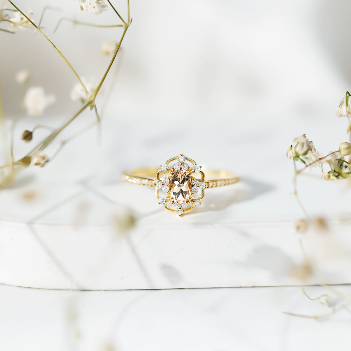 Vintage Inspired Morganite Engagement Ring with Diamonds AAA 14K Yellow Gold Plated Silver - Rosec Jewels