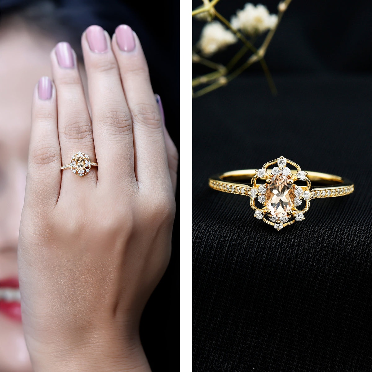 Vintage Inspired Morganite Engagement Ring with Diamonds AAA 14K Yellow Gold Plated Silver - Rosec Jewels