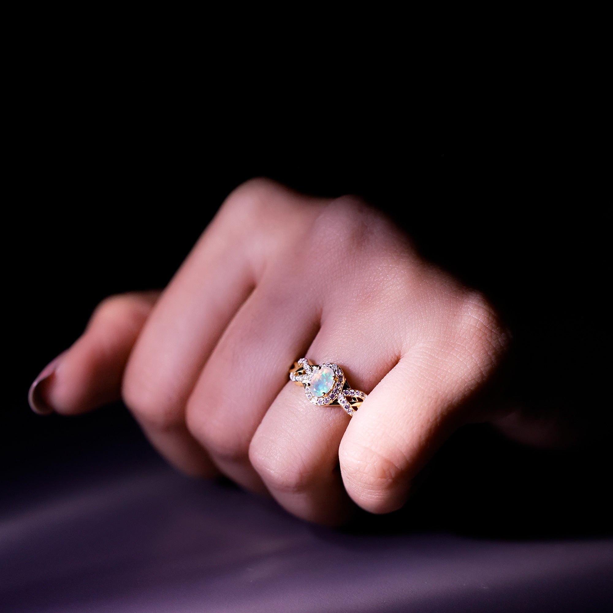 Rosec Jewels-Oval Ethiopian Opal Designer Engagement Ring with Diamond Halo