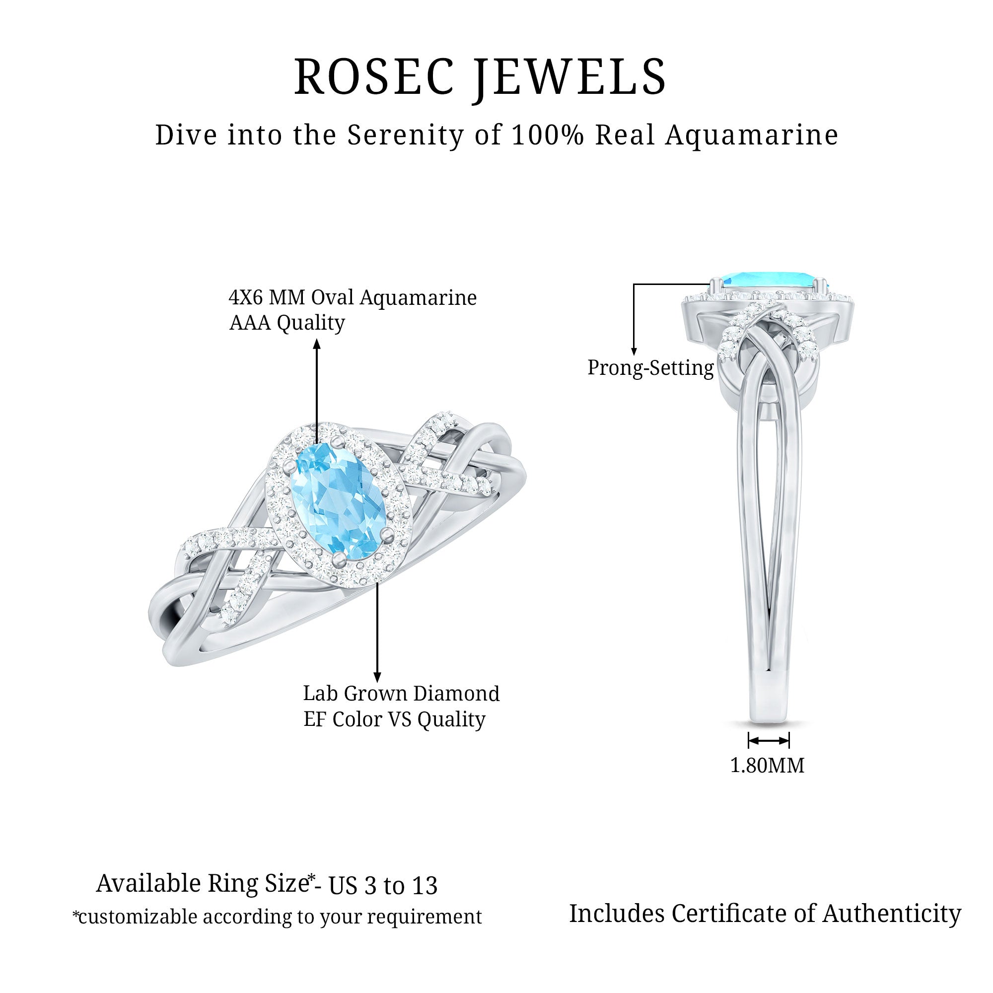 Rosec Jewels-Genuine Aquamarine and Diamond Designer Engagement Ring in Silver